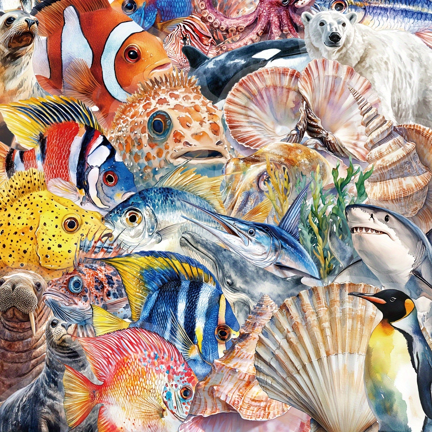 100pcs Ocean Creatures Stickers Colorful Fish Shells Coral