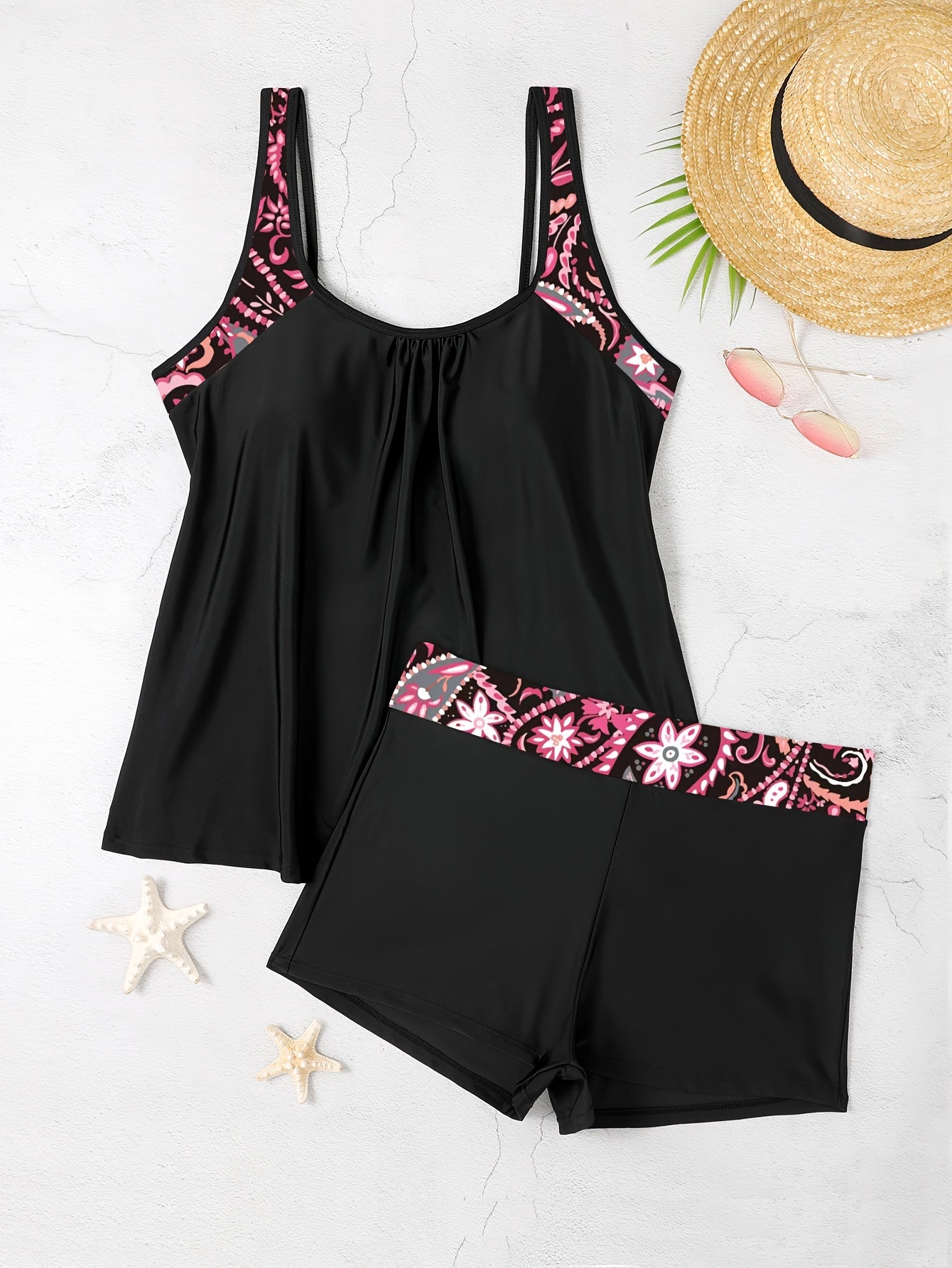  Floral Tankini Set Split Strap Top & Shorts Two Piece