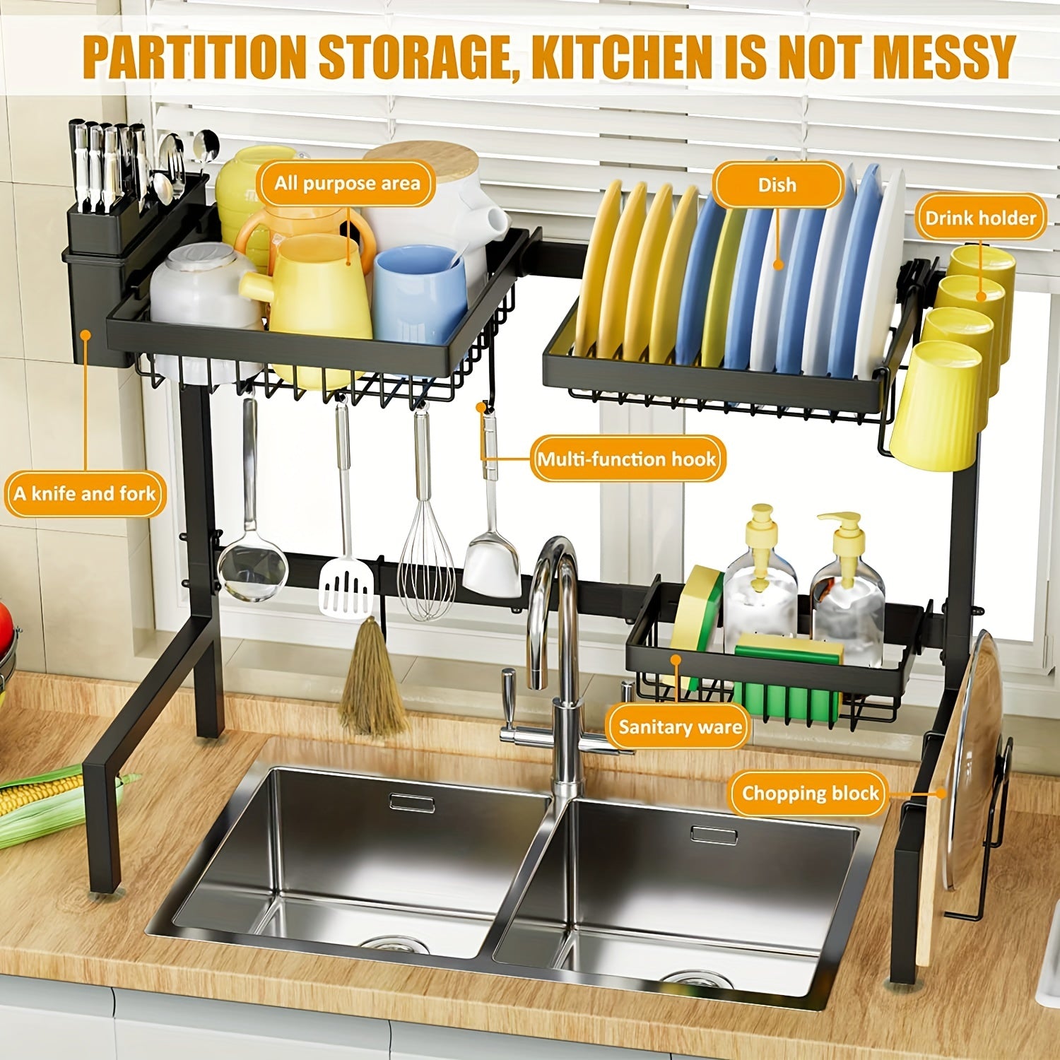 2-tier Tableware & Seasoning Rack for Kitchen, Sink Drying Rack Countertop