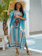  Boho Cover Up Women's Plus Ethnic Print Batwing Sleeve Round Neck
