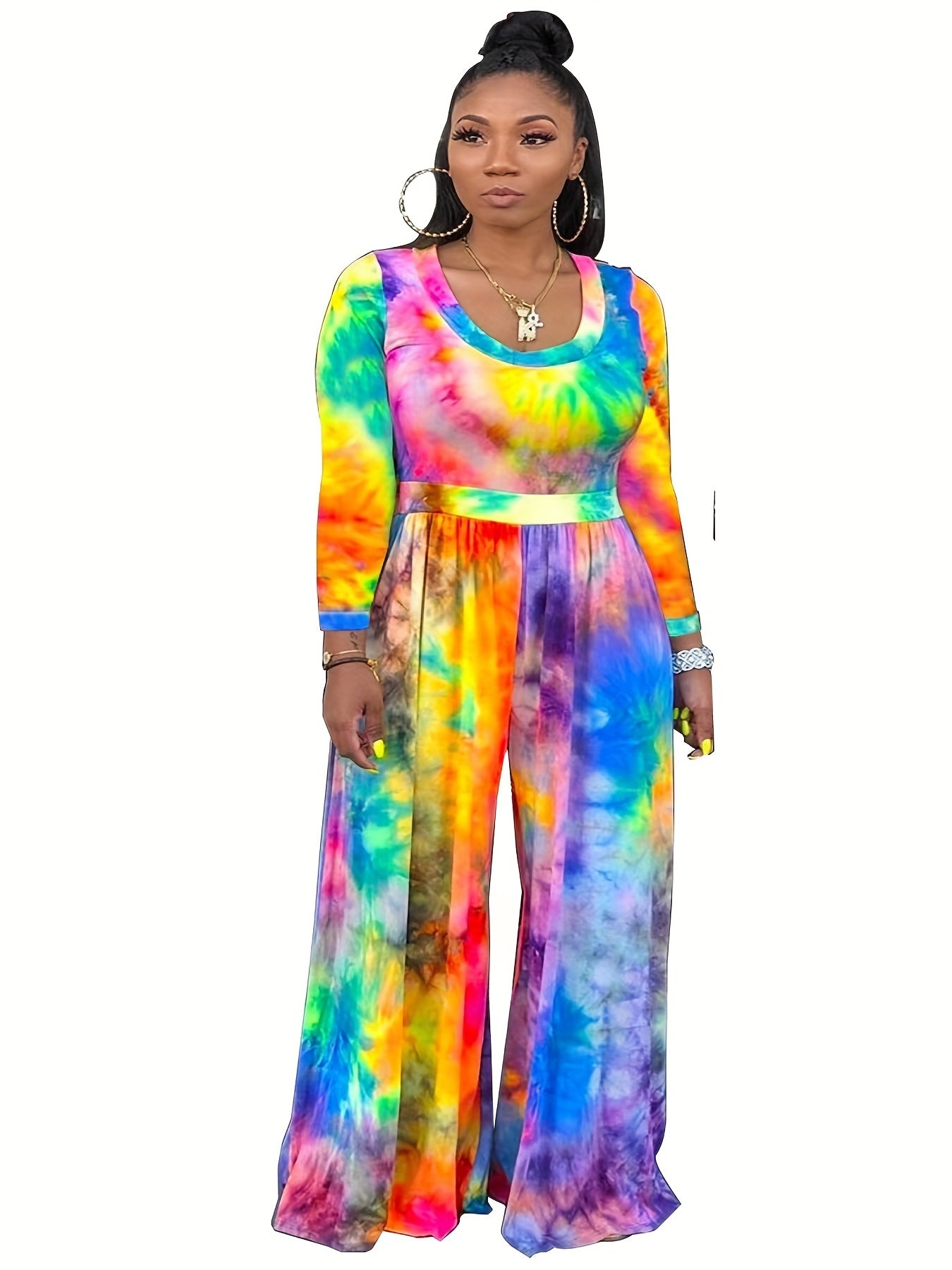  Tie Dye Long Sleeve Round Neck Stretch Jumpsuit