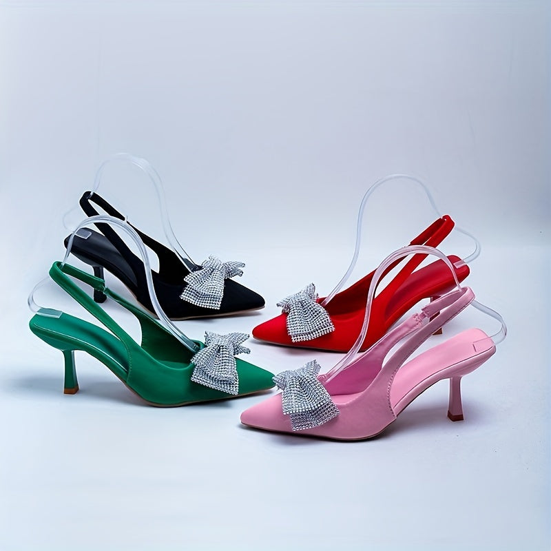 Rhinestone Bow High Heel Sandals Pointed Toe Slingback Stiletto Dress Pumps