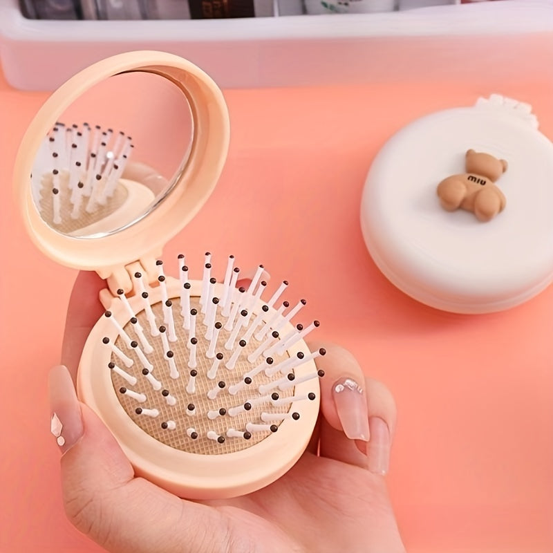 Cartoon Bear Decor Hairbrush Mirror Round Portable Comb