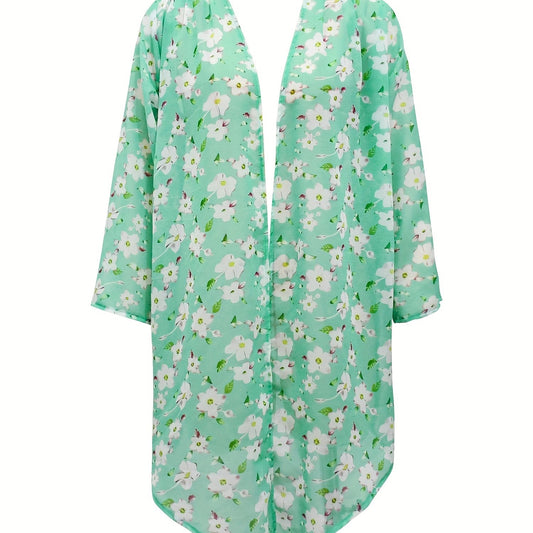 Long Sleeves Floral Print Loose Fit V Neck Cover Up Shirt