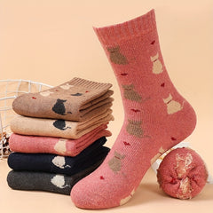 5 Pairs Cartoon Cat Print Socks For Women Cute & Cozy Mid Tube Stockings