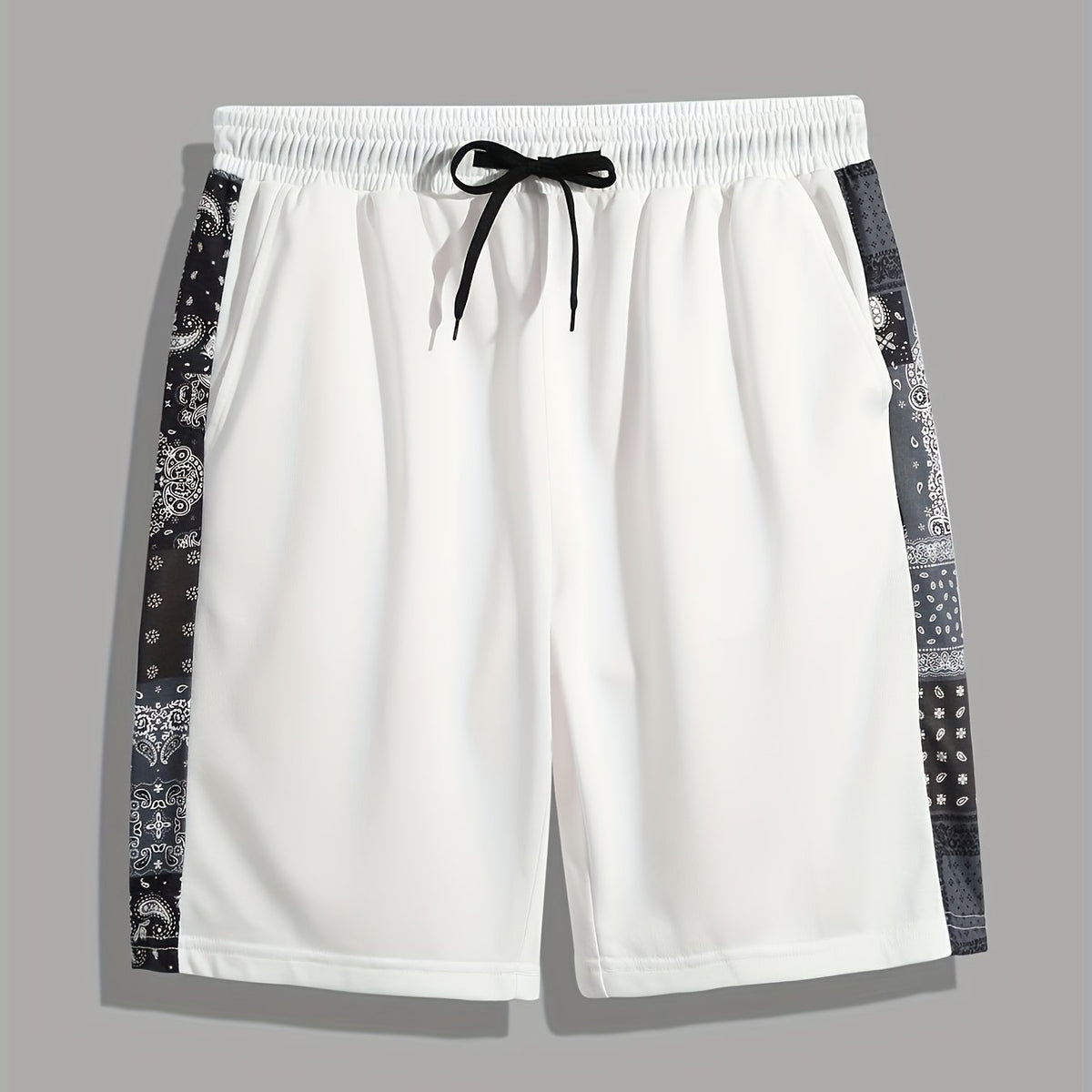 Men's Paisley Stripe Shorts Casual Solid Elastic Drawstring Shorts