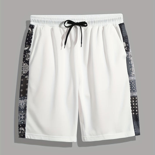 Men's Paisley Stripe Shorts Casual Solid Elastic Drawstring Shorts