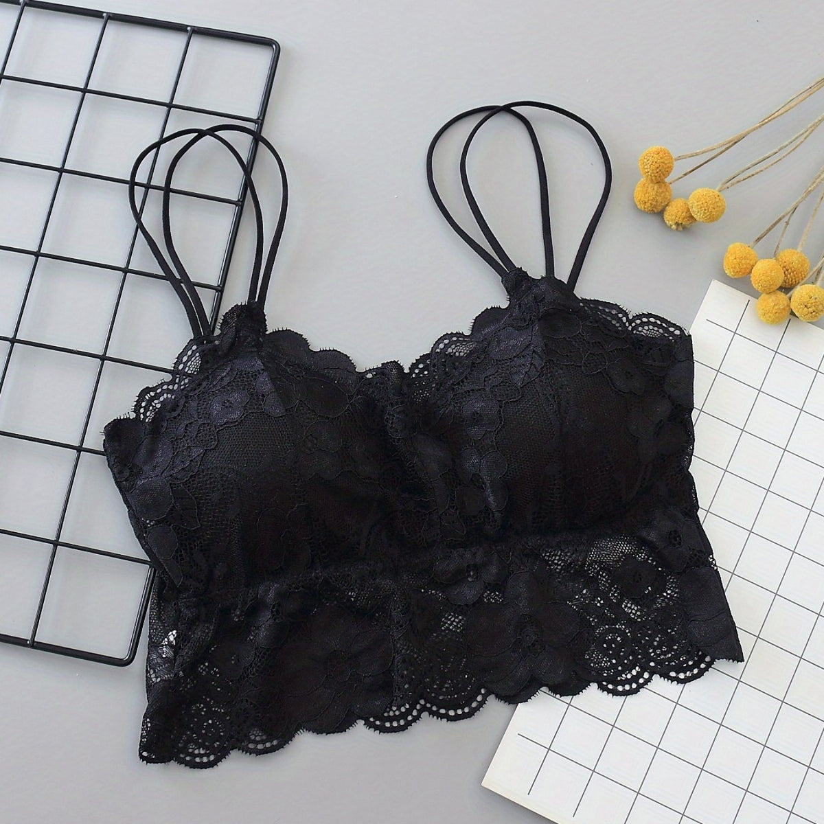 Lace Wireless Cami Bra Double Straps Comfort Padded Crop Top