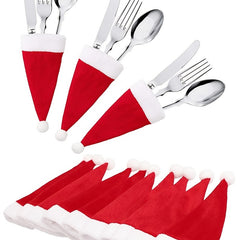 10pcs Mini Santa Hat Cup and Fork Cover Christmas Wine Bottle Covers