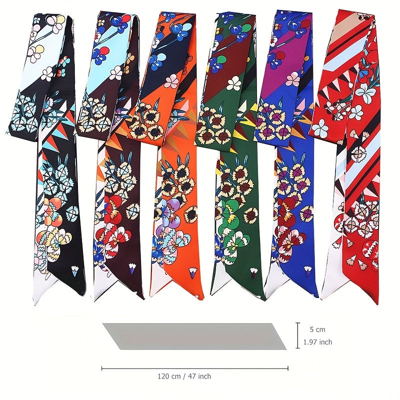Floral Long Ribbon Scarf Silk Necktie Print Hairband
