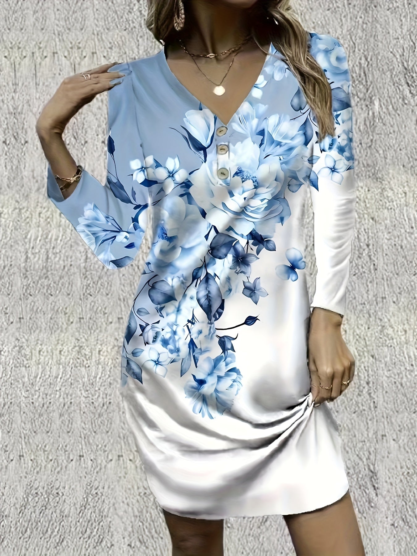  Sexy Dress Women's Plus Floral Print Button Decor Long Sleeve V Neck
