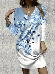  Sexy Dress Women's Plus Floral Print Button Decor Long Sleeve V Neck