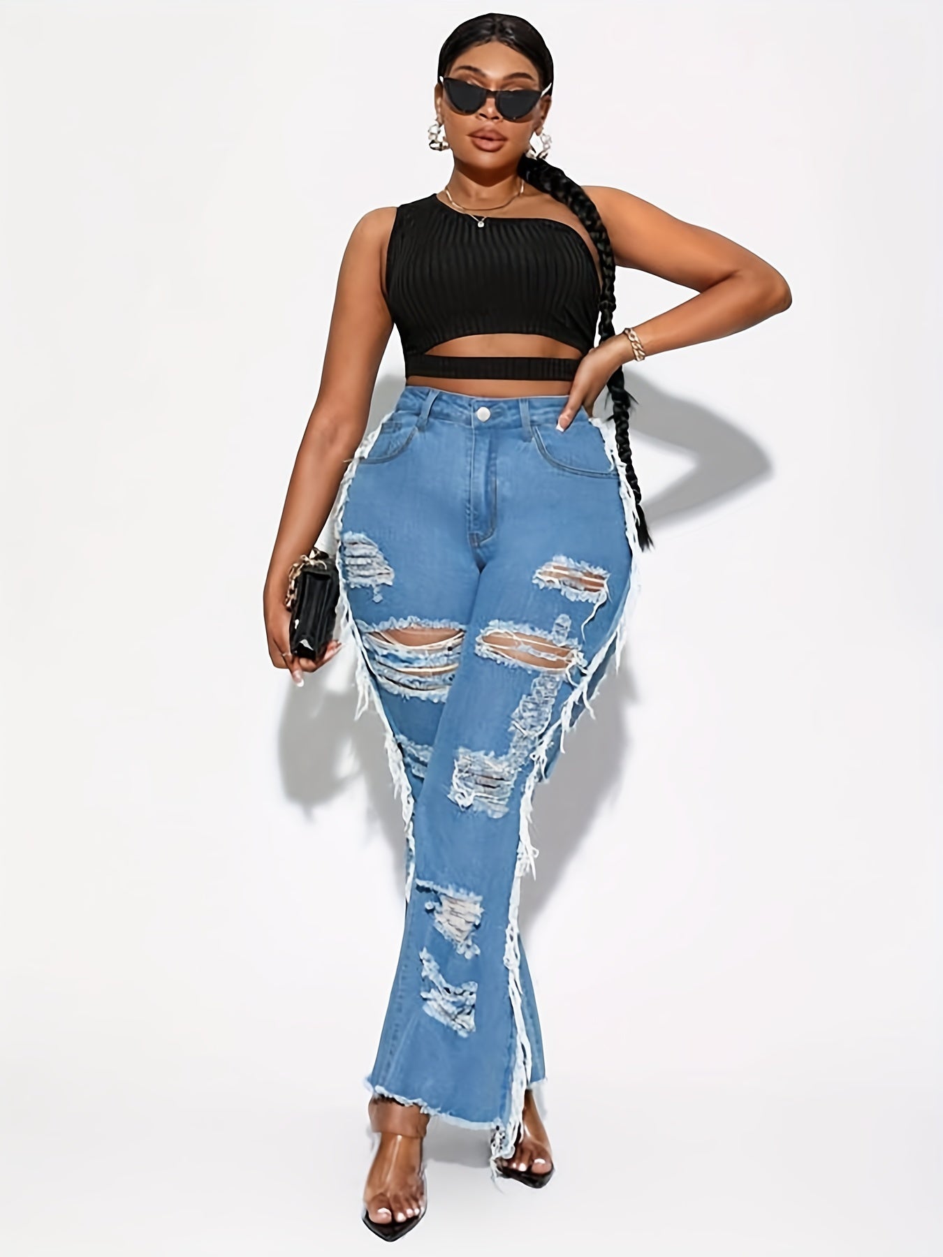  Ripped Fringe Trim Flared Leg Jeans