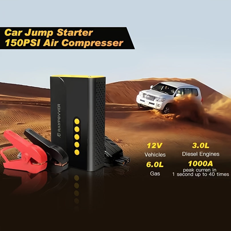 Portable Jump Starter & Air Compressor 1000A Peak 150PSI Tire Inflator