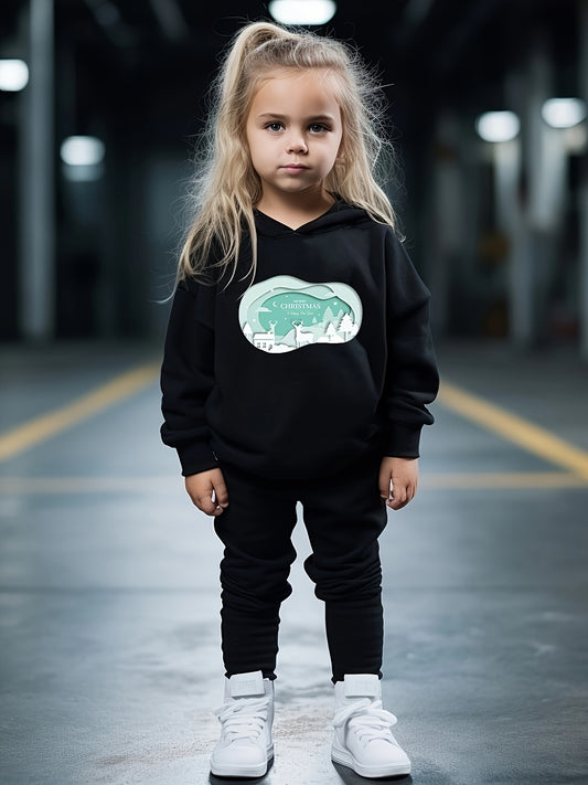 Girls 2pc Cartoon Christmas Scene Hooded Sweatshirt and Sweatpants Set