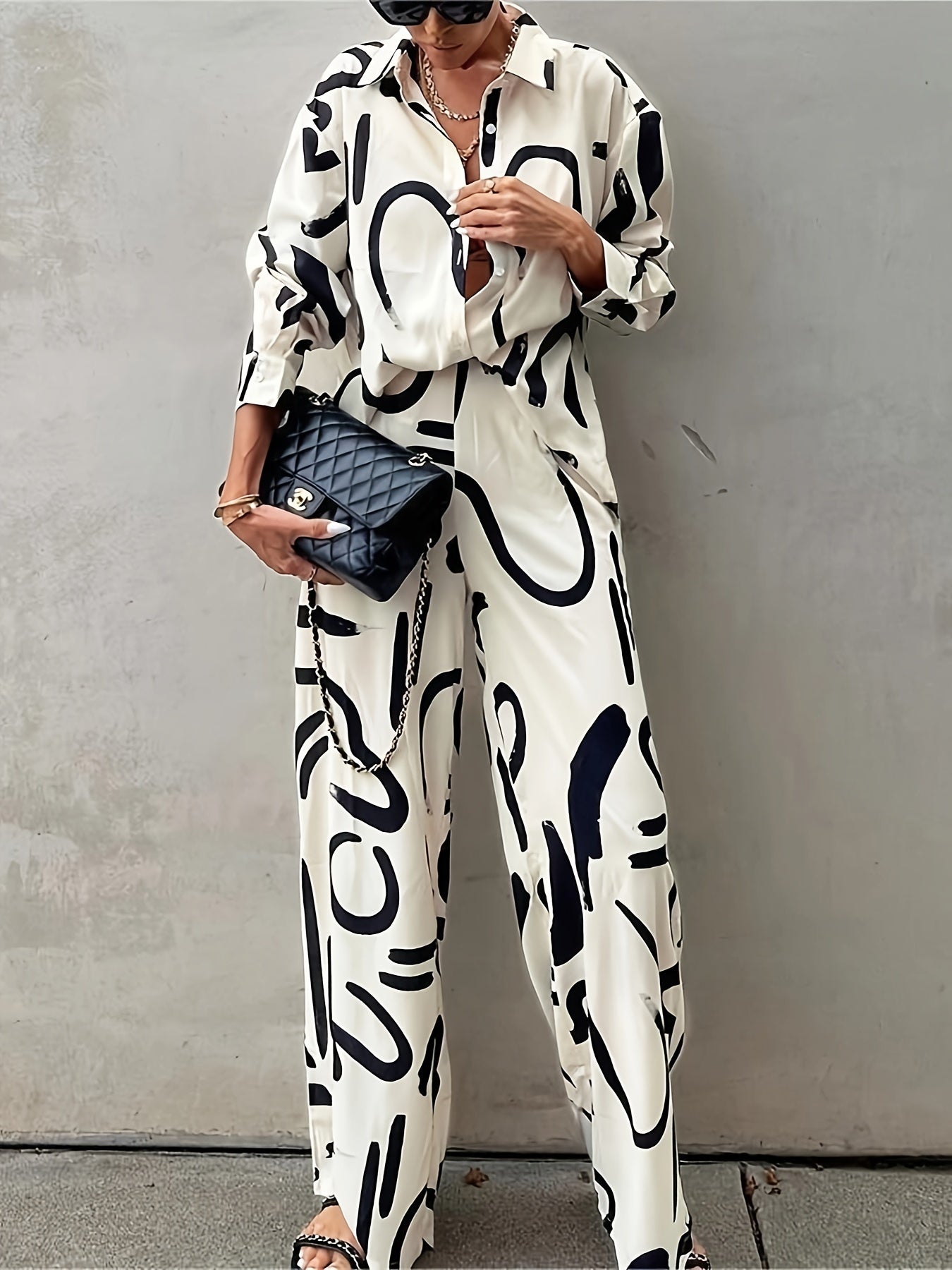  Graffiti Print Long Sleeve Blouse & Wide Leg Pants Set
