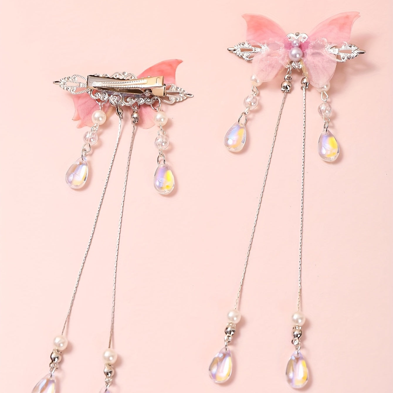 Gradient Butterfly Hair Clip Crystal Tassel Duck Billed Clip for Women Girls