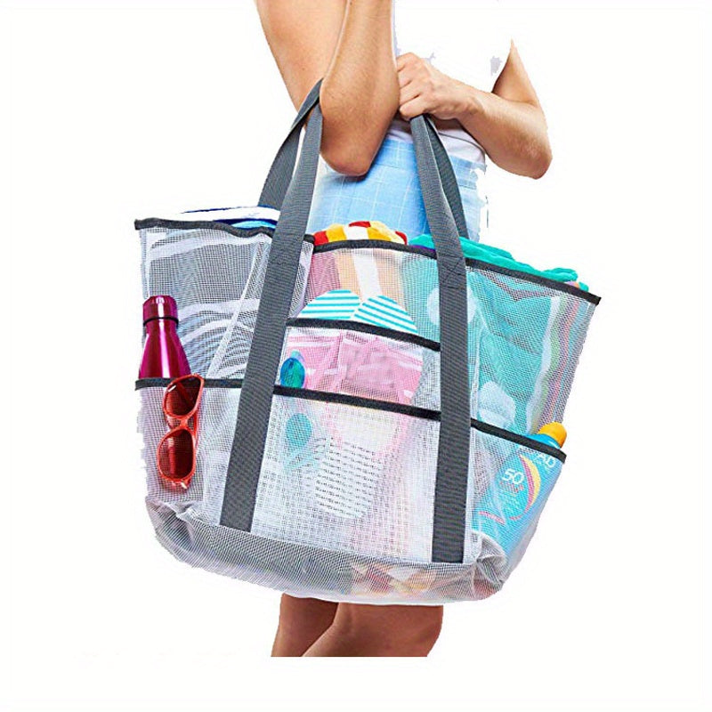 Large Mesh Beach Bag Family Tote & Pool Bag with 9 Pockets