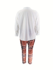 Women's Plus Plaid Print Button Up Shirt & Leggings 2 Pc Set