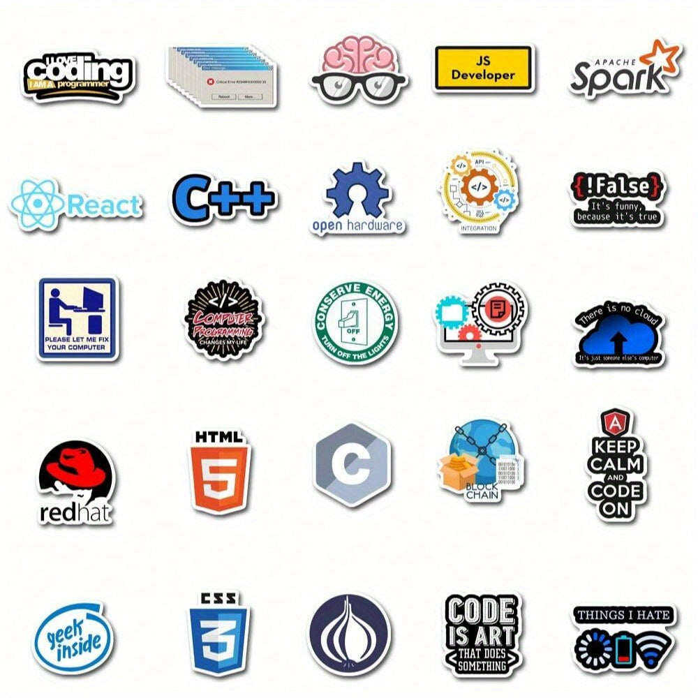 50pcs Cartoon Programmer Stickers Waterproof Vinyl Tech Designs for Water Bottle