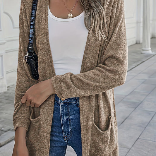  Solid Open Front Long Sleeve Cardigan With Pockets