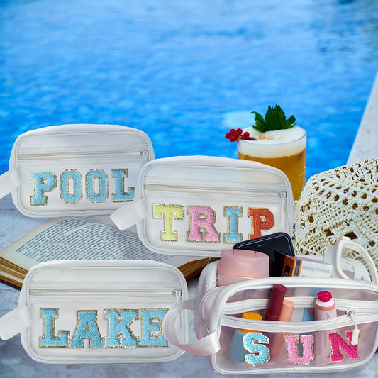 Transparent Cosmetic Bag with Chenille Letter Patch for Women and Teens