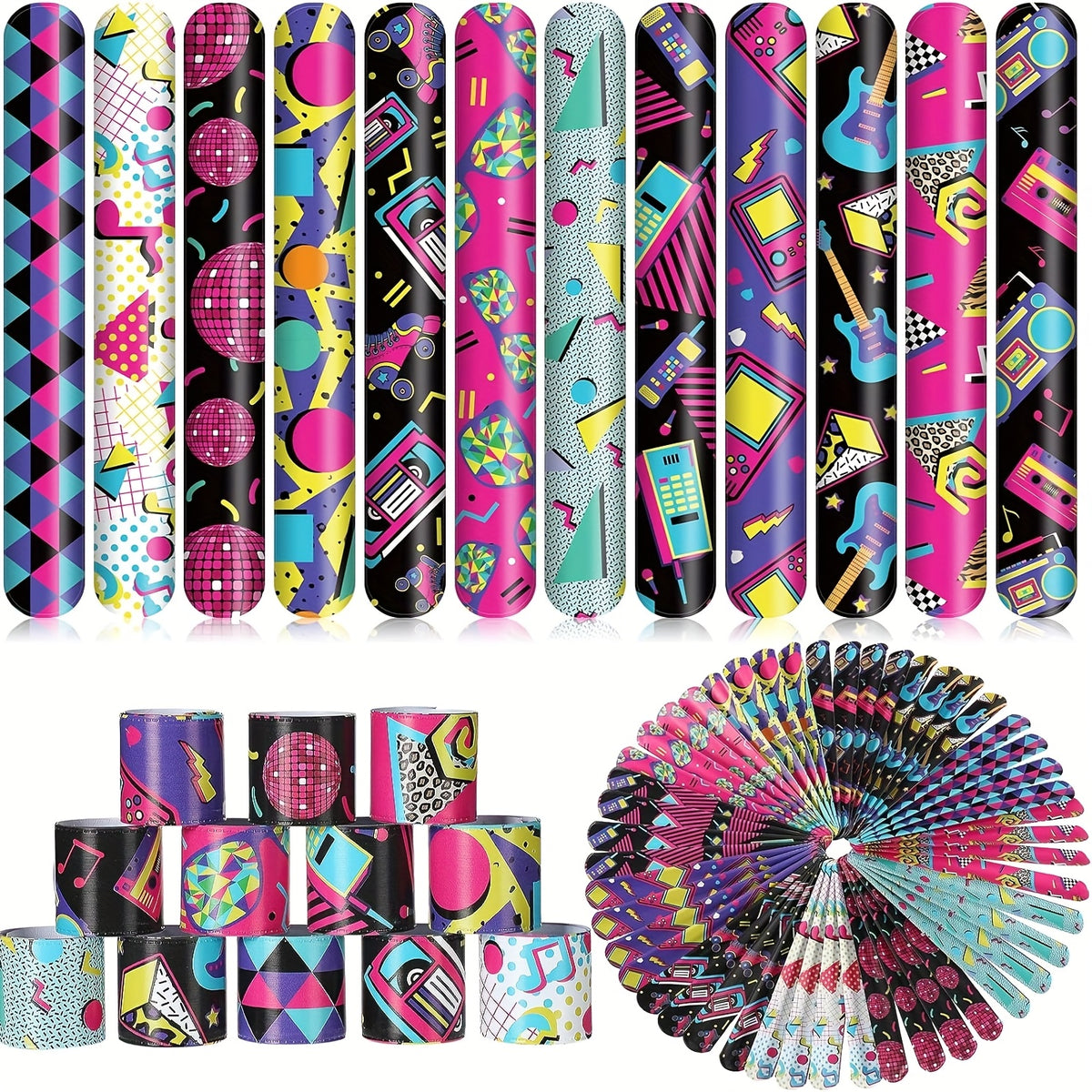 12pcs 80s 90s Slap Bracelets Retro Theme Party Decorations