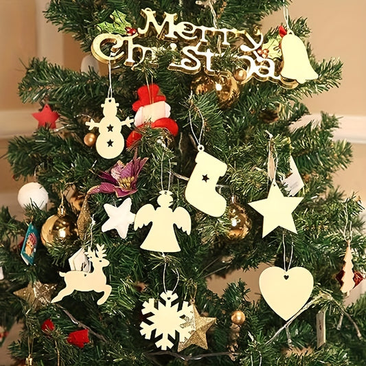 10pcs Wooden Christmas Tree Ornaments Carved Wood Hang Tags Home Decor