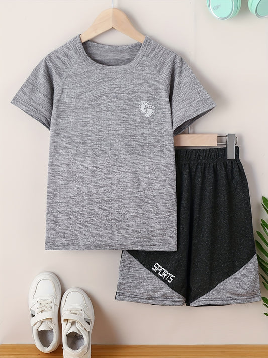 Toddler Boys Quick-dry Footprint Graphic T-shirt and Block Shorts Set