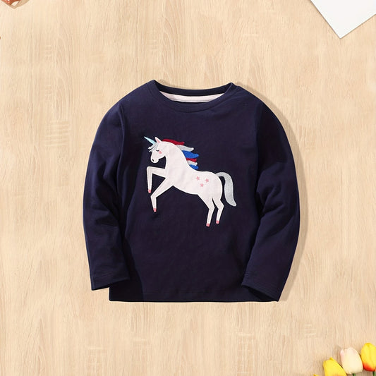 Girls Unicorn Embroidery Crew Neck T shirt Cotton Tops