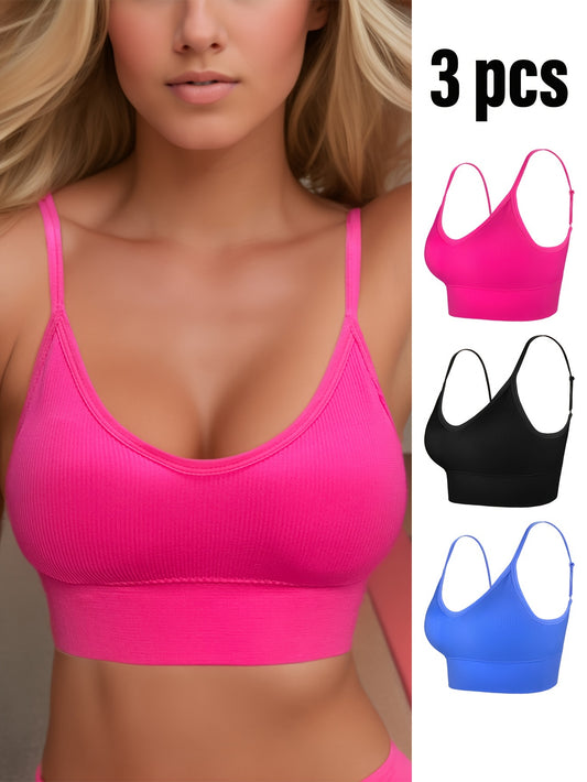 3pcs Solid Ribbed Sports Bras Stretch Intimates Bra Women's Lingerie