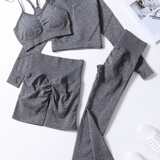 4pcs Women's Yoga Fitness Set Sleeveless Sports Bra Long Sleeve Thumb Hole Shirt