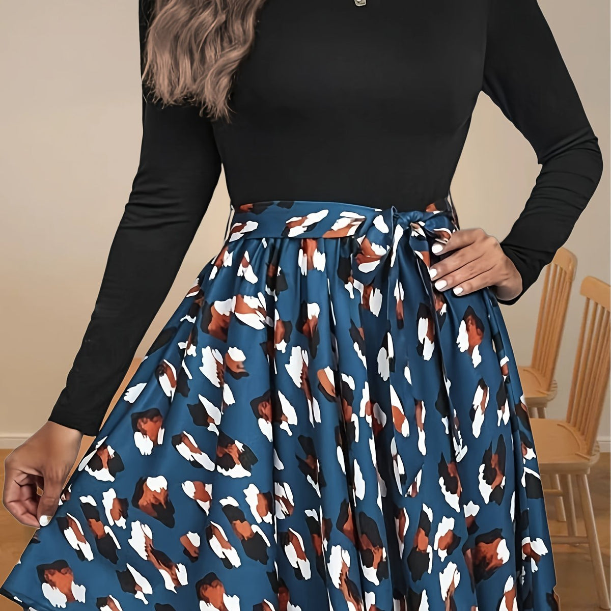  Colorblock Leopard Print Long Sleeve Dress with Belt