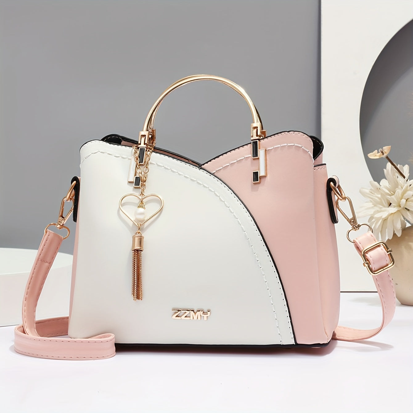 Tassel Accented Colorblock Handbag for Women Crossbody Bag with Zip Closure