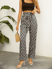  Geometric & Striped Print High Rise Wide Leg Pants With Belt