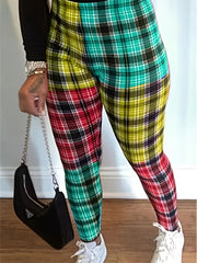  Colorblock Plaid Print Leggings Medium Stretch Elastic Waist