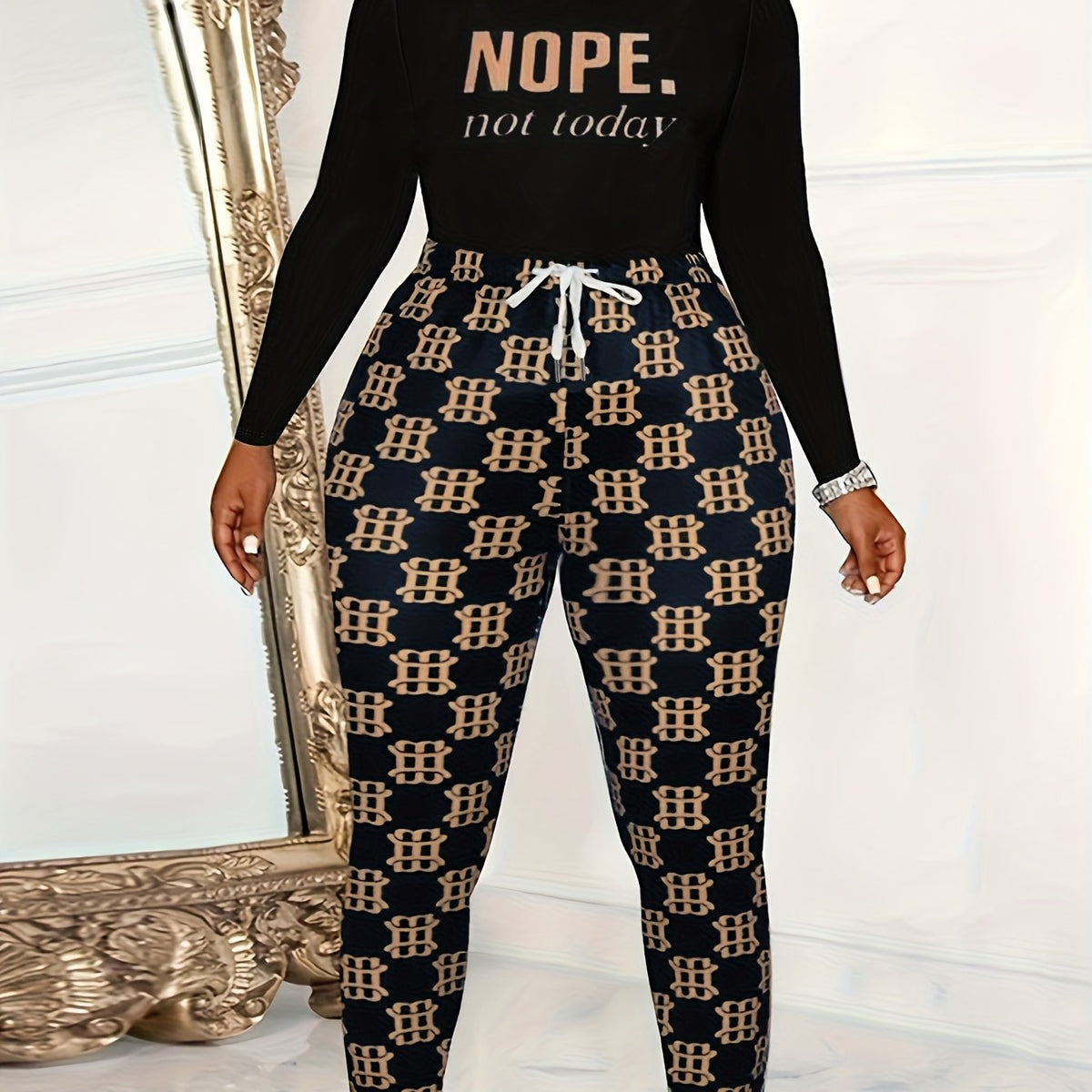 Women's Plus Slogan Long Sleeve Top & Leggings Set