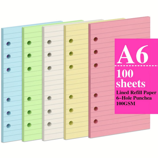 100 Sheets 200 Pages A6 Colorful Refill Paper 5 Colors Thick for 6 Ring Binder