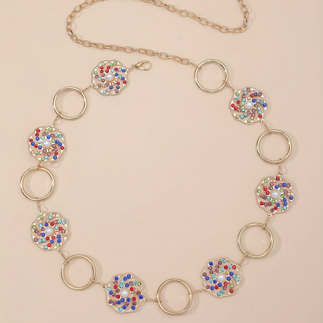Boho Hollow Out Waist Chain Faux Pearl Rhinestone Decor Belt