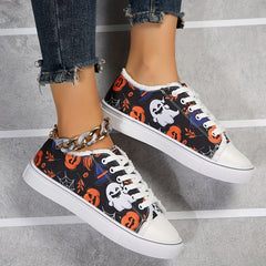 Women's Ghost & Pumpkin Pattern Canvas Shoes Halloween Lace Up Low Round Toe
