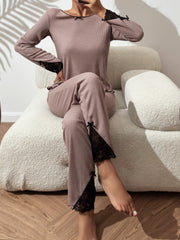 Lace Stitching Pajama Set Long Sleeve Top & Cozy Pants Women's Sleepwear
