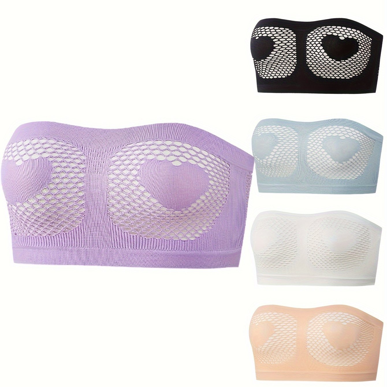5pcs Heart Pattern Bandeau Bra Hollow Out Breathable Strapless Stretch Bra