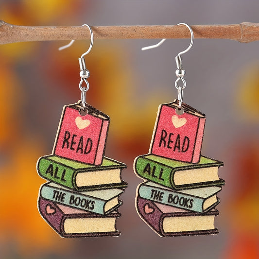 Wooden Book Love Earrings For Librarian Teacher Student