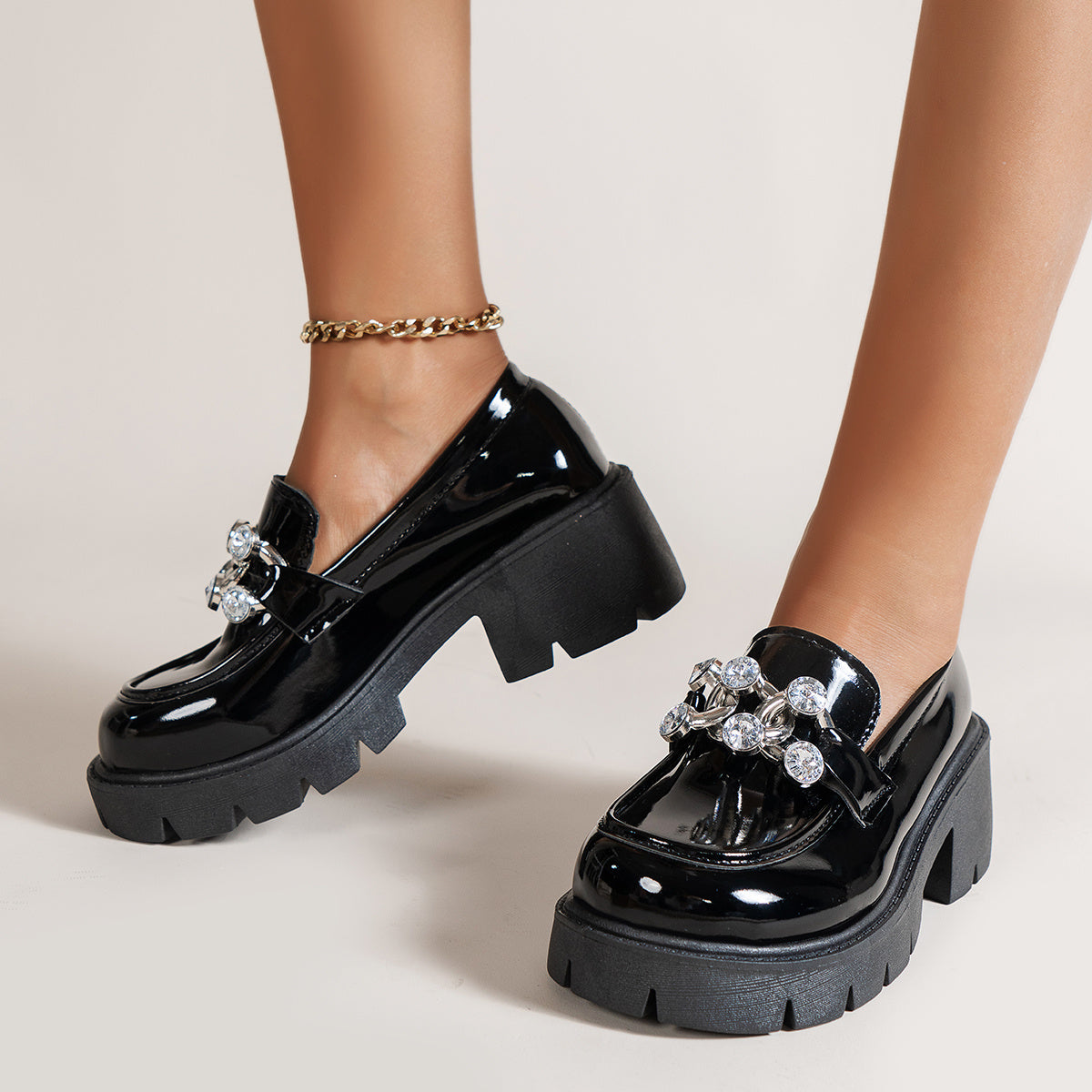 Women's Rhinestone Platform Loafers Slip On Shoes