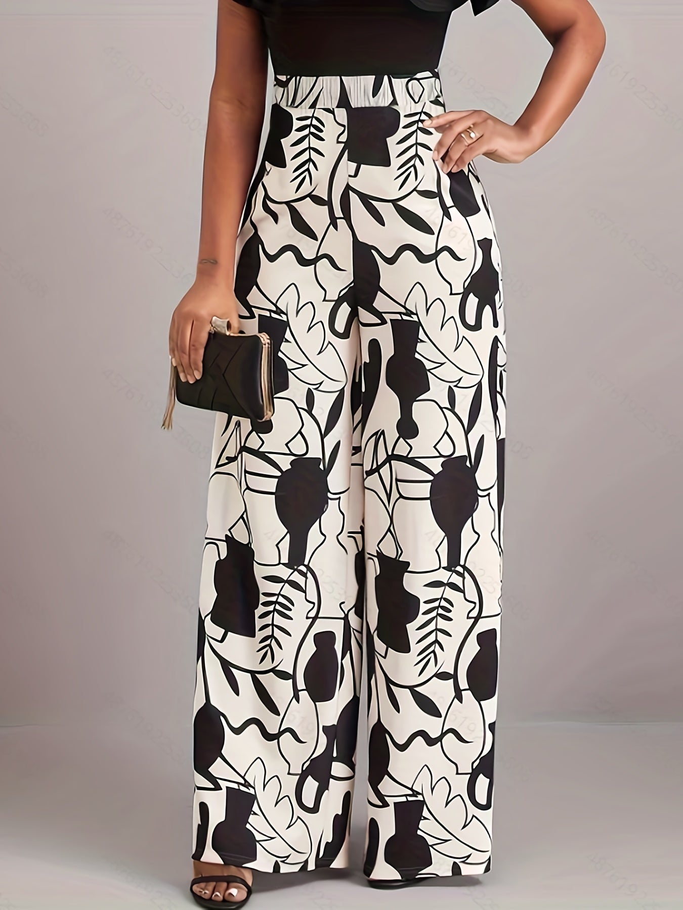 Print Elastic High Rise Wide Leg Trousers Plus Size Pants