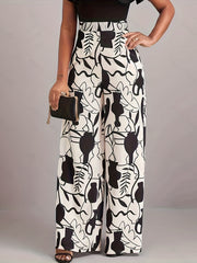 Print Elastic High Rise Wide Leg Trousers Plus Size Pants
