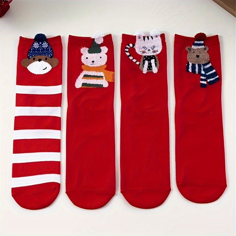 4 Pairs Bear & Cat Print Socks Mid Tube Stockings