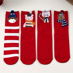 4 Pairs Bear & Cat Print Socks Mid Tube Stockings