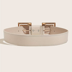 Vintage PU Leather Belt Double Square Metal Buckle Wide Belt Women's