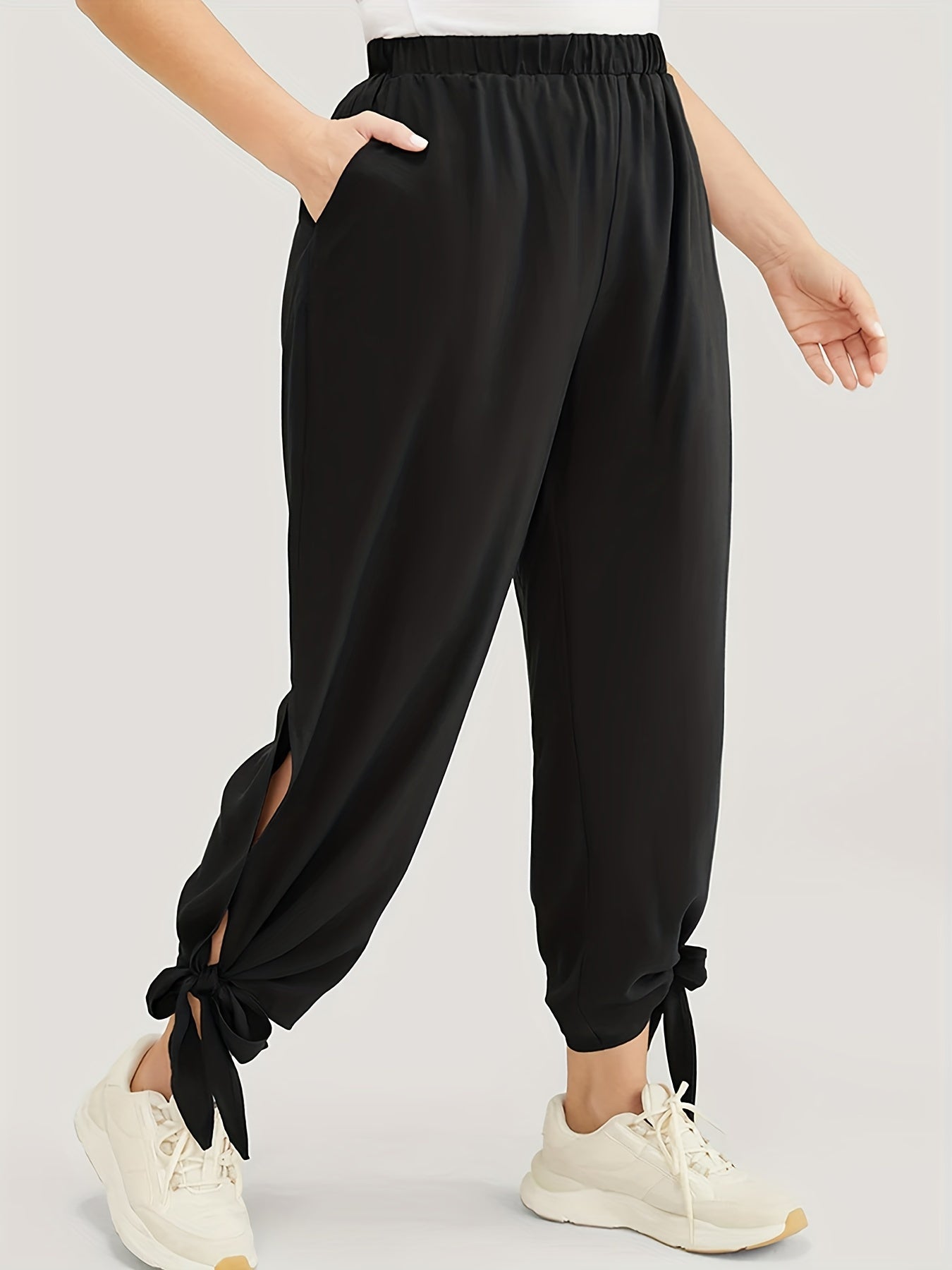 Plus Size Pants Women's Plus Solid High Rise Jogger Trousers With Pockets